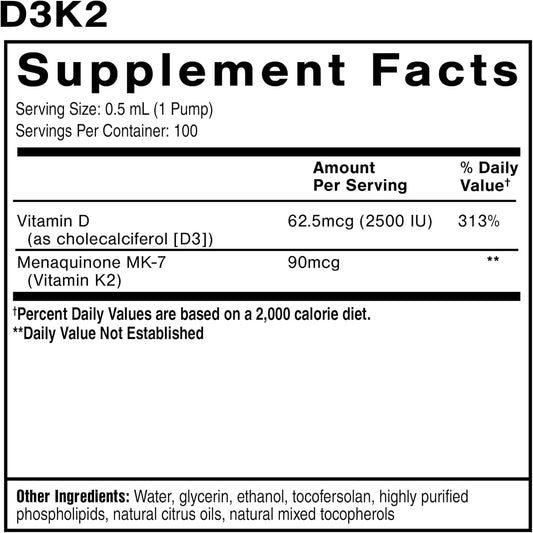 Quicksilver Scientific Nanoemulsified D3K2 - Emulsified Liquid Vitamin D3 + K2 Mk7 Liposomal Supplement For Heart, Bone Health + Immune Support - Bioactive 2500Iu For Enhanced Absorption (1.7Oz/50Ml)