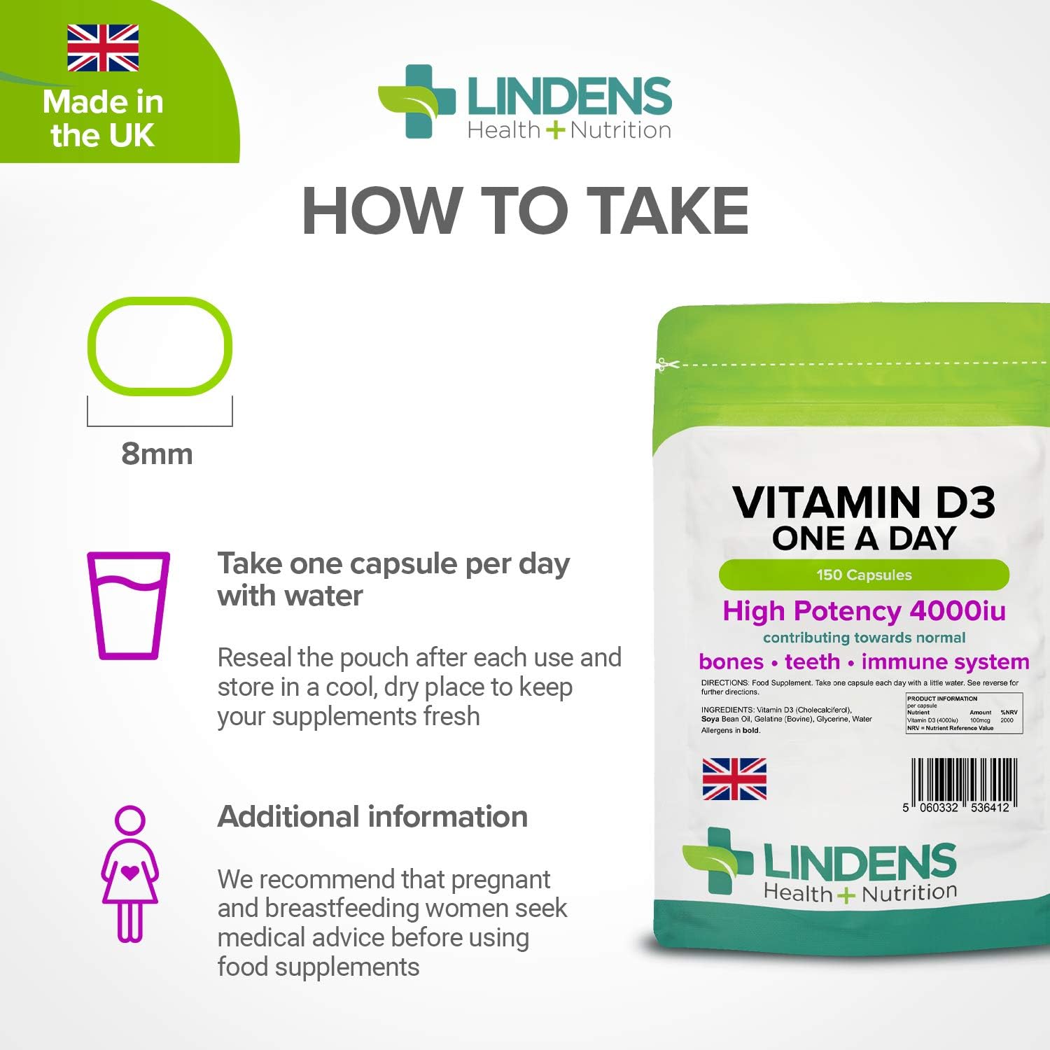 Lindens Vitamin D3 4000IU - 150 High Strength Capsules - Supports Healthy Immune System & Calcium Absorption - One-A-Day Capsule - 5 Month Supply - UK Manufacturer & Letterbox Friendly : Amazon.co.uk: Health & Personal Care