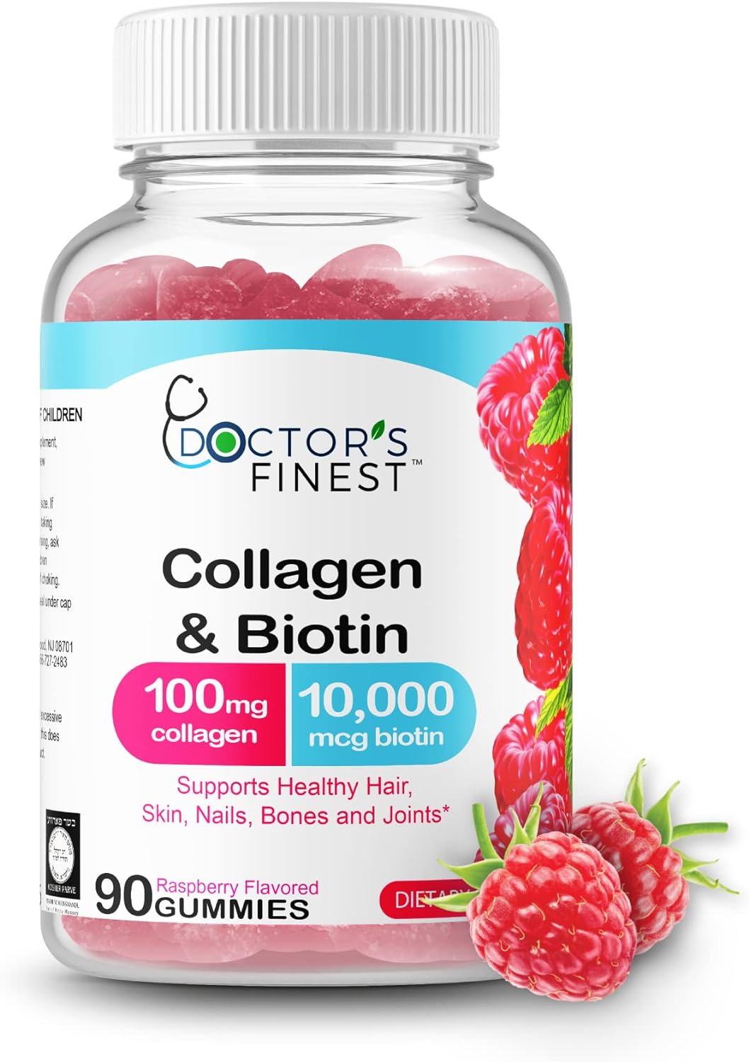 Collagen And Biotin 10000Mcg Gummies, Vegan, Gmo-Free, Gluten Free, Natural Raspberry Flavor Gummy Vitamins, For Hair Growth, Hair Skin And Nails Dietary Supplement, 90 Gummies