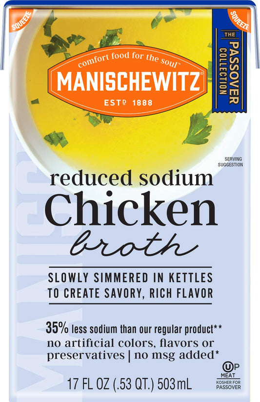 Manischewitz Reduced Sodium Chicken Broth 17oz, Flavorful, Kettle Cooked, Slowly Simmered, Kosher for Passover : Grocery & Gourmet Food