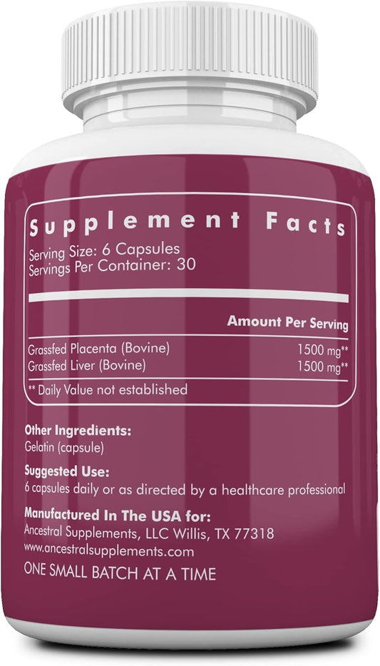 Ancestral Supplements Grass Fed Placenta Supplement With Liver, Contains Postpartum Vitamins For Women Breastfeeding, Promotes Menopause Relief, Stem Cells Support Skin Elasticity, 180 Capsules