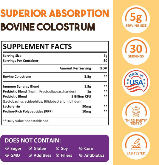 Colostrum Powder Supplement 5000 Mg, Grass Fed Bovine Colostrum With Immune Synergy Blends - Prebiotics, Probiotics, Lactoferrin & Prp For Immune, Gut, Easy To Mix, 30 Servings