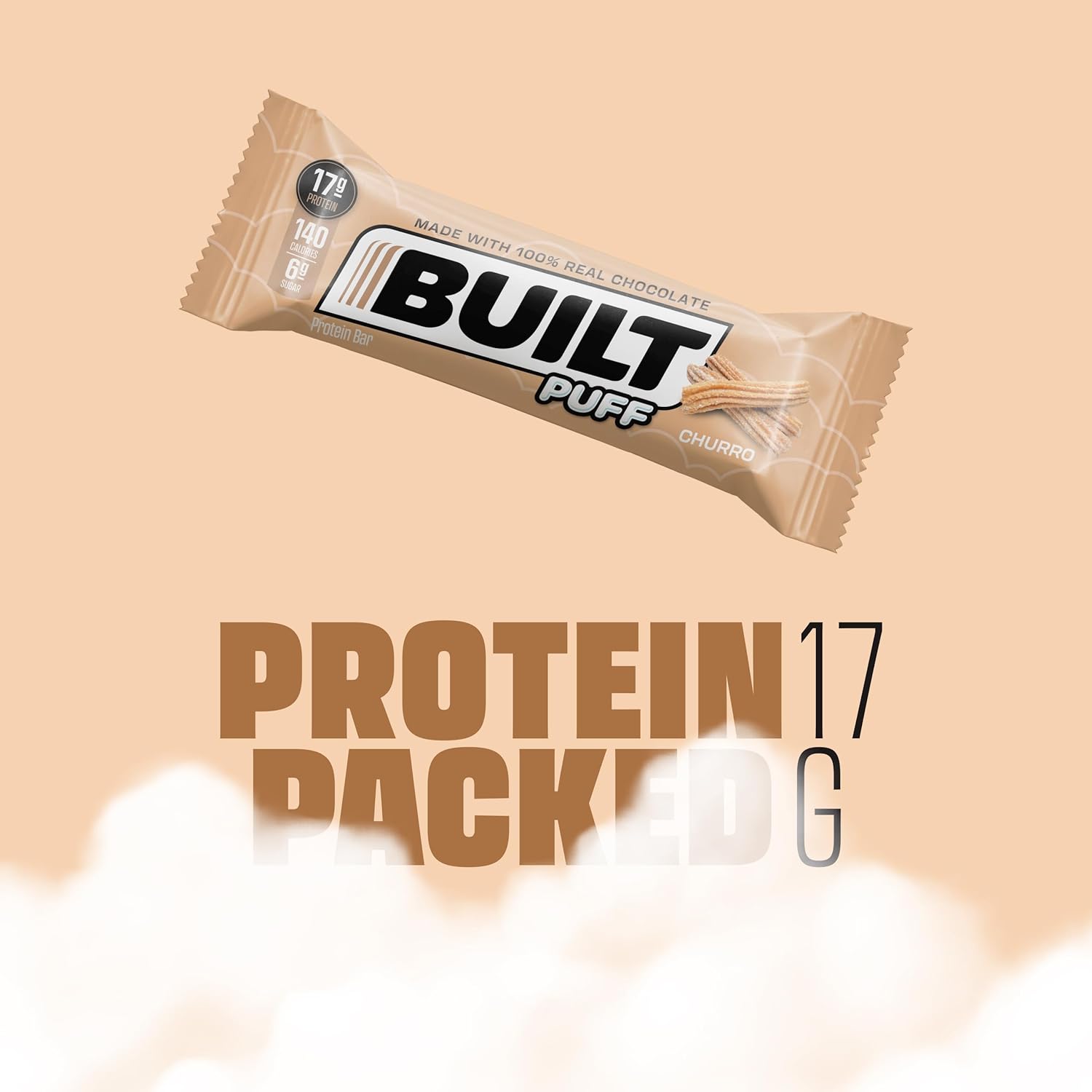BUILT Protein Bars, Cinnamon Churro Puff, 12 count, Protein Snacks with 17g of Protein, Collagen, Gluten Free Chocolate Protein Bar with only 140 calories & 6g sugar, Perfect On The Go Protein Snack : Health & Household