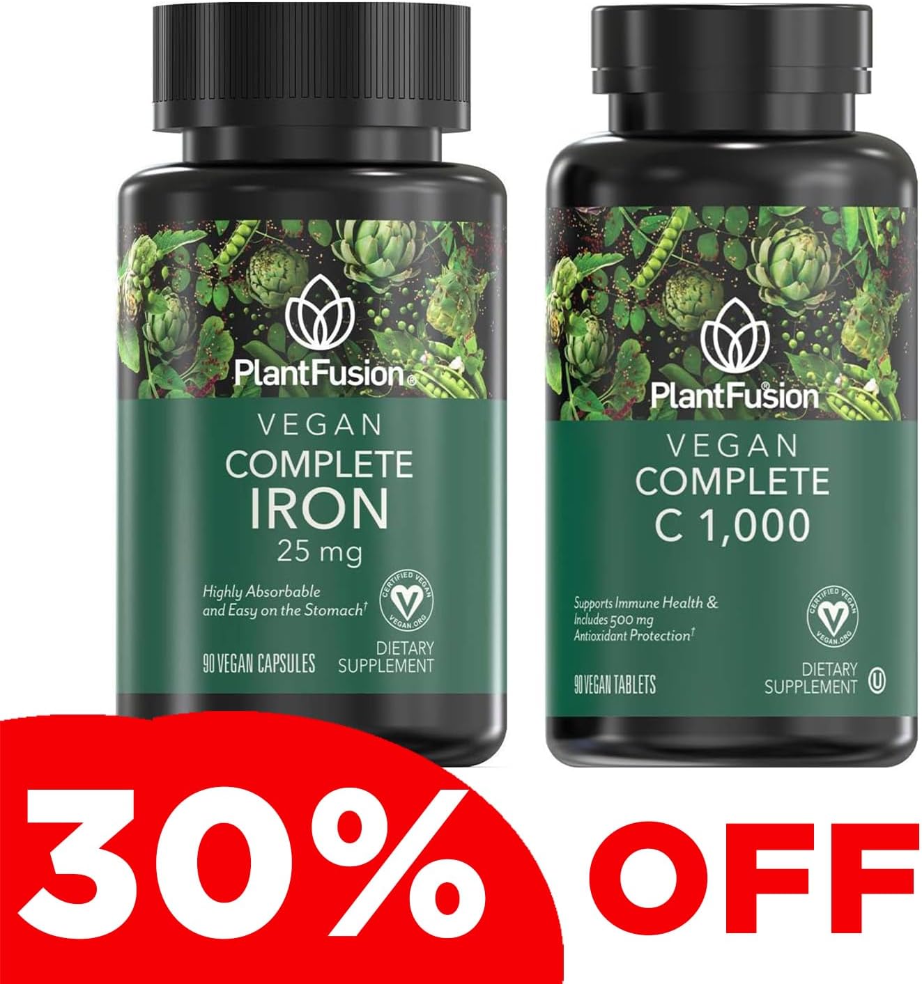 PlantFusion Vegan Iron & Vitamin C Bundle - Premium Plant Based Iron 25mg and Vitamin C 1000mg for Healthy Energy Levels & Immune Health Support