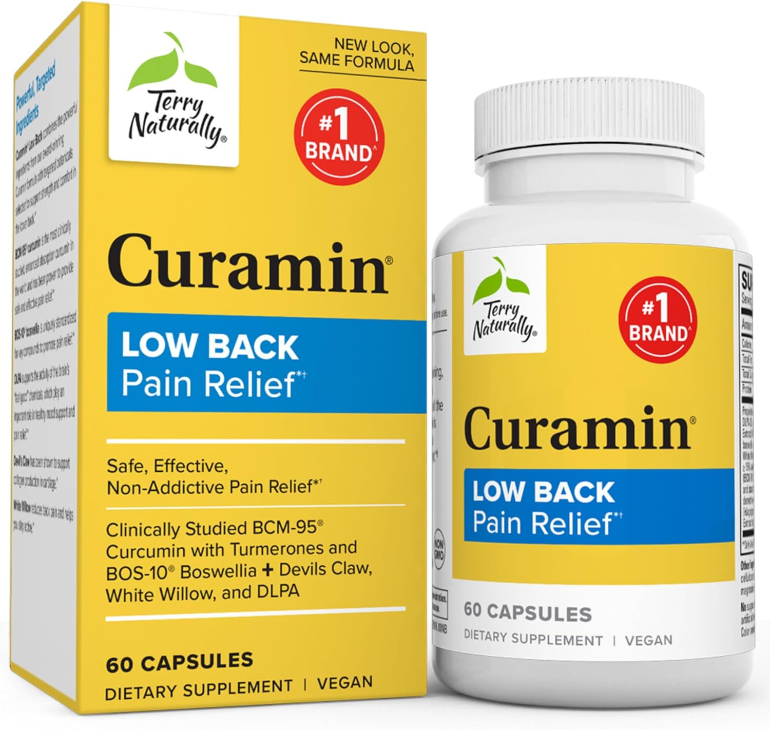 Terry Naturally Curamin Low Back Pain Relief - 60 Capsules - with Curcumin, Boswellia & DLPA - Non-GMO, Vegan, Gluten Free - 20 Servings