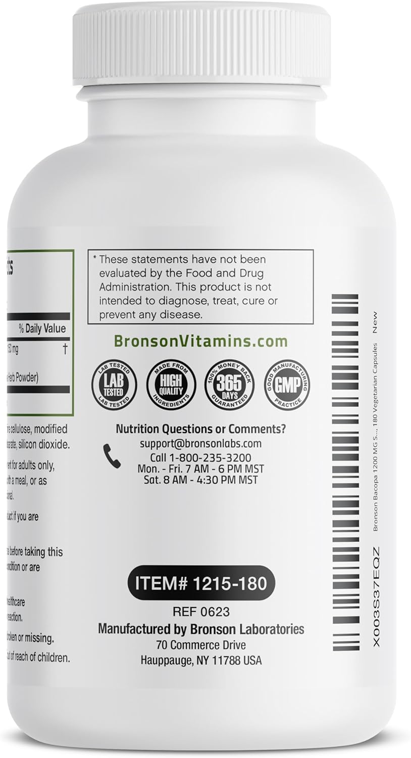 Bronson Bacopa (1200mg Equivalent from 8:1 Extract) Supports Healthy Brain Function and Mental Performance, Traditional Herb, Non-GMO, 180 Vegetarian Capsules : Health & Household