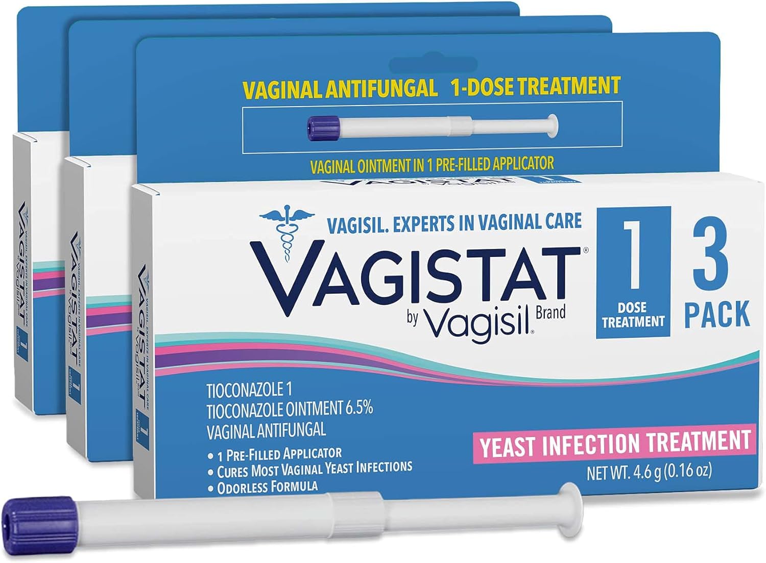 Vagistat 1 Day Single-Dose Yeast Infection Treatment For Women, Antifungal Ointment Helps Relieve External Itching And Irritation, 1 Pre-Filled No Touch Vaginal Applicator, By Vagisil (Pack Of 3)