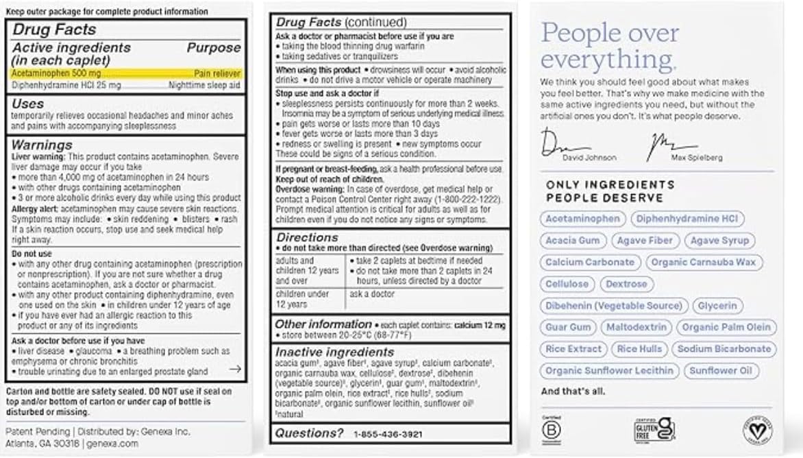 Genexa Acetaminophen PM 500mg Extra Strength for Adults | PM Pain Reliever & Nighttime Sleep Aid with Diphenhydramine HCL 25mg | Non-GMO | Medicine Made Clean | 100 Caplets : Health & Household