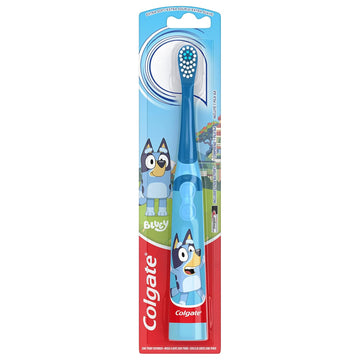 Colgate Kids Battery Powered Toothbrush, Kids Battery Toothbrush With Included Aa Battery, Extra Soft Bristles, Flat-Laying Handle To Prevent Rolling, Bluey Toothbrush, 1 Pack