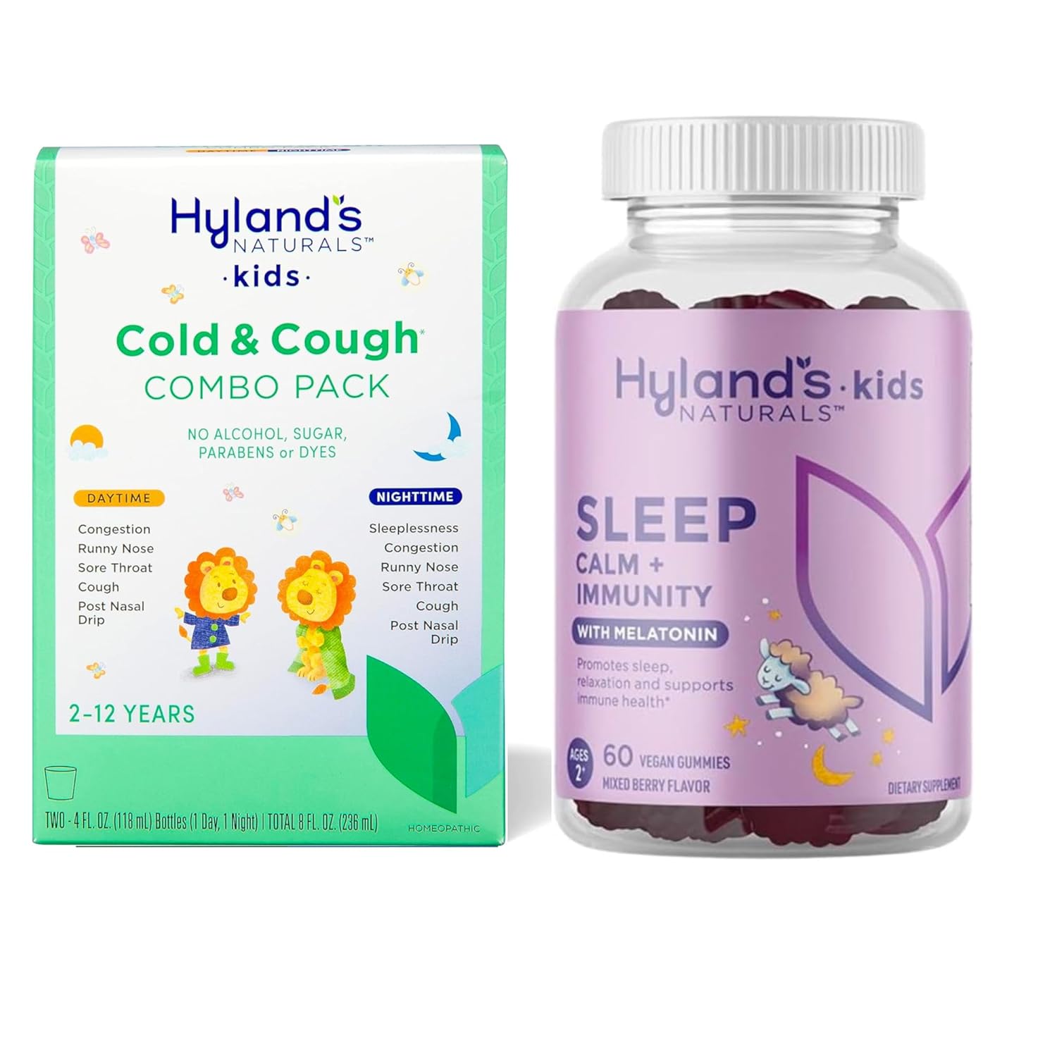 Bundle Of Hyland’S Kids Cold & Cough, Day & Night Combo Pack, Ages 2+, Syrup Cough Medicine + Kids - Sleep, Calm + Immunity, With Melatonin, Chamomile & Elderberry, 60 Vegan Gummies