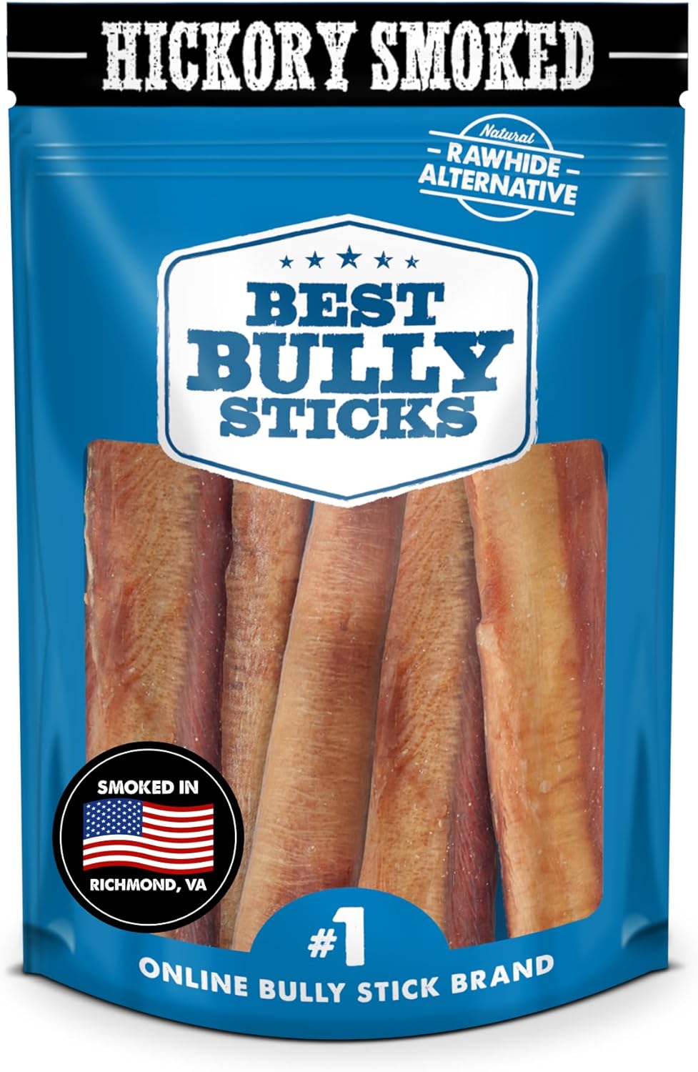 Best Bully Sticks Premium Hickory Smoked 100% Natural Thick 6 Inch Bully Sticks For Dogs - Odor Free With Smoky Aroma - No Additives Free-Range Grass-Fed Beef, Grain-Free Dog Chews, Thick 5 Pack