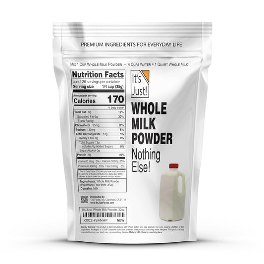It'S Just - Powdered Non-Fat (Skim) Milk, Rbst/Rbgh Hormone Free, Shelf Stable, Just Add Water, Makes Over 1.5 Gallon Milk, 2 Pound Milk Powder