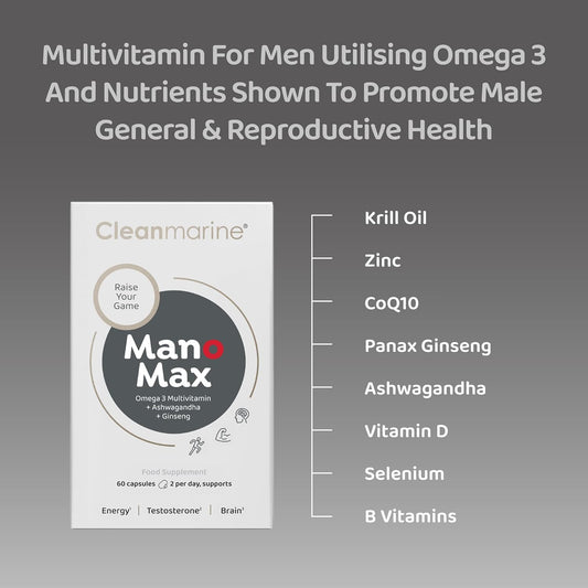 Cleanmarine Manomax - Men'S Multivitamin - Omega 3 With Vitamins B1, B6 & D, Zinc, Selenium, Ashwagandha, Ginseng & Co Q10 – Supports Testosterone, Energy Levels & Cognitive Function - 60 Capsules