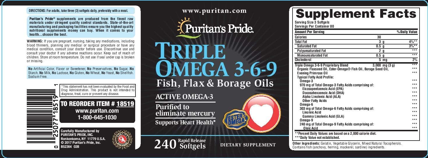 Puritan's Pride Triple Omega 3-6-9 Fish, Flax & Borage Oils, Supports Heart Health and Healthy Joints, 240 ct (Pack of 1) : Health & Household