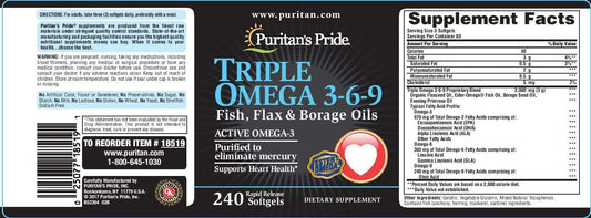 Puritan's Pride Triple Omega 3-6-9 Fish, Flax & Borage Oils, Supports Heart Health and Healthy Joints, 240 ct (Pack of 1) : Health & Household