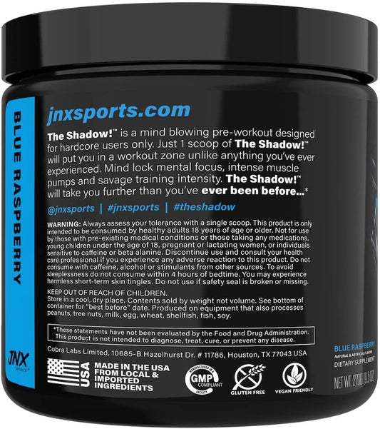 Jnx Sports The Shadow! 350Mg Of Caffeine Hard Core Preworkout - Blue Raspberry 30 Servings | Electric Energy, Mental Focus & Superhuman Strength For Men & Women