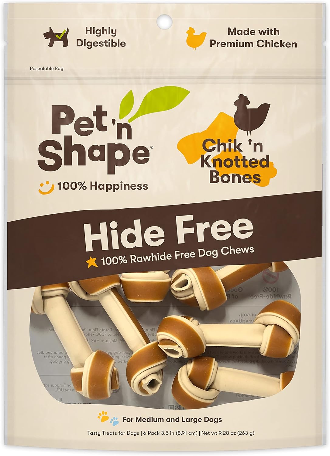 Pet 'N Shape Hide Free Chik 'N Knot Bones, 6 Count 9.28 Oz - Rawhide Free Dog Treats - No Hide Alternative Chew Treat For All Life Stages