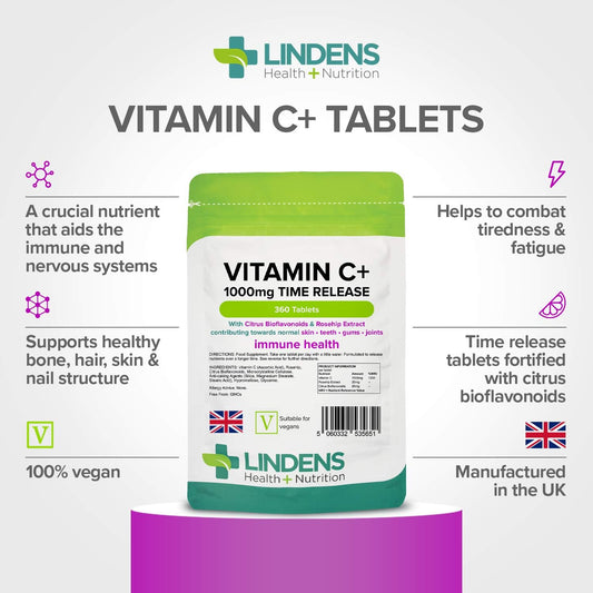 Lindens - Vitamin C+ 1000Mg Time Release, 360 Tablets - 1 A Day, Uk Made - Skin, Teeth, Joints And Immune Health, Combats Tiredness And Fatigue - Vegan