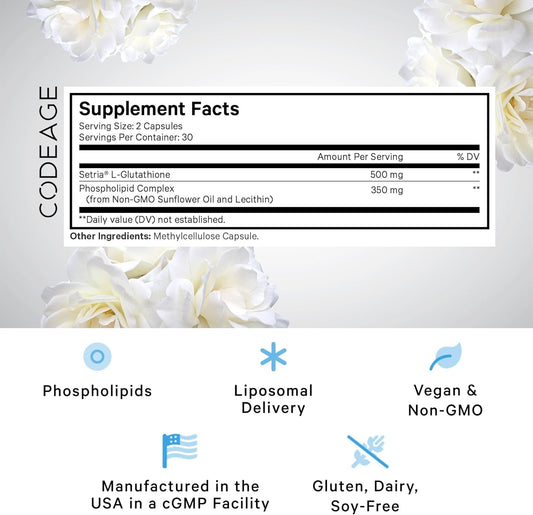 Codeage Liposomal Glutathione Supplement - Pure Reduced Setria L Glutathione Skin - Nano Encapsulated Glutathione Powder Pills - Phospholipids - Antioxidant Complex - Vegan, Non-Gmo - 60 Capsules