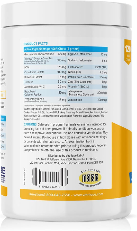 Vetnique Seniorbliss Senior Dog Joint Supplement With Glucosamine And Chondroitin For Dogs Joint Support And Healthy Cartilage Development - For Small & Large Breeds (Hip & Joint Chew, 120Ct)