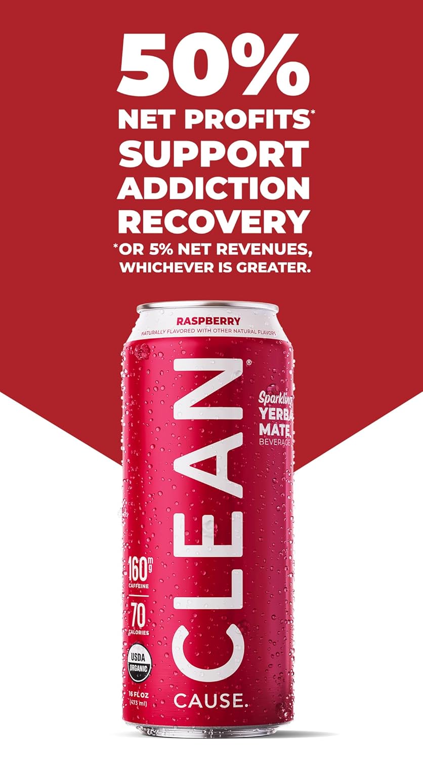 Clean Cause Low Calorie Raspberry Usda Organic Sparkling Yerba Mate Tea (16Oz Cans, 12-Pack Case) Low Sugar, 160Mg Caffeine, Healthy Alternative To Soda & Energy Drinks