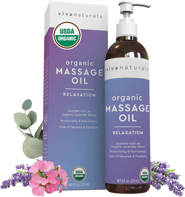 Viva Naturals Organic Massage Oil (8 Fl. Oz.) - Lavender Scented Relaxing Body Massage Oil For Massage Therapy - Perfect For Home Use & Professional Massages - Non-Greasy And Non-Sticky Formula