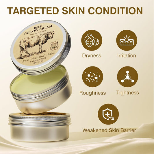Beef Tallow For Skin, Tallow And Honey Cream,Tallow Face Moisturizer, Natural Grass-Fed Beef Tallow Balm With Raw Honey Moisturizing Cream For Body Lotion Skin Care For Skin (2.47 Oz)