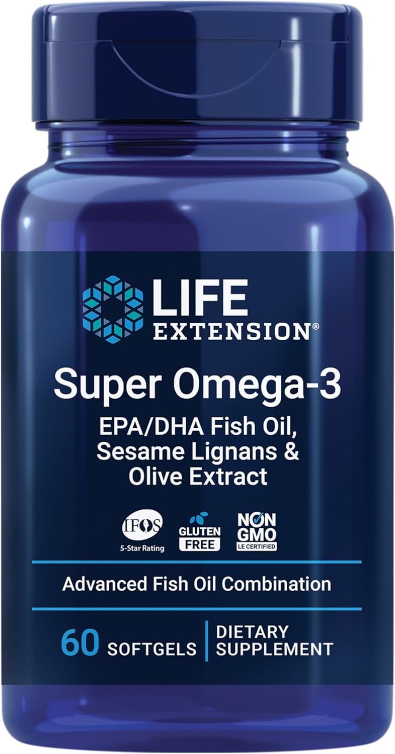 Life Extension Super Omega-3 Epa/Dha Fish Oil, Sesame Lignans & Olive Extract – Heart Health, Brain Health, Inflammation Health Support, Cholesterol Health Support, Gluten-Free, Non-Gmo, 60 Softgels