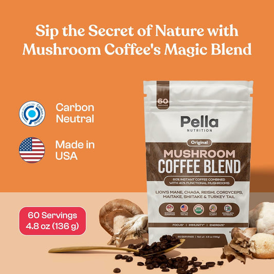 Organic Mushroom Colombian Instant Coffee (60 Servings) with 7 Superfood Mushrooms, Great Tasting, Includes Lion's Mane, Reishi, Chaga, Cordyceps, Shiitake, Maitake, and Turkey Tail