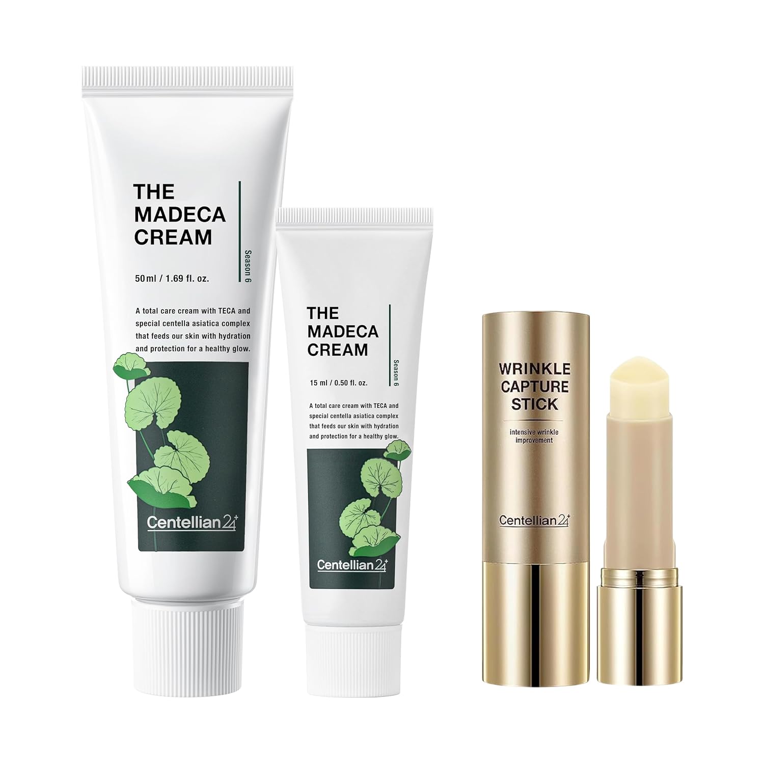 Centellian 24 Madeca Wrinkle Capture Stick (0.4Oz) + Madeca Cream (Special Edition - Green, 1.7+0.5Fl Oz) - Multi Balm Stick & Centella Moisturizer For Wrinkles, Korean Skin Care With Teca, Ceramide