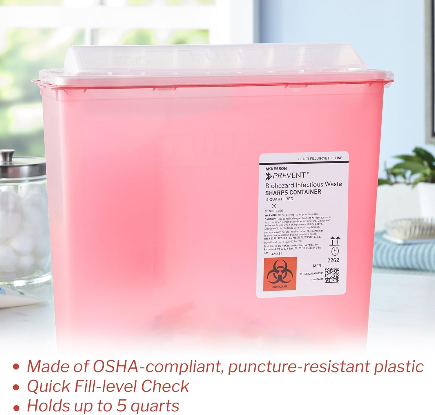 McKesson Prevent Sharps Container for Home Use, 5 Quart - for Biohazard Infectious Waste, Needle and Syringe Disposal - Translucent, Touchless Lid - Red, 1 Count : Health & Household