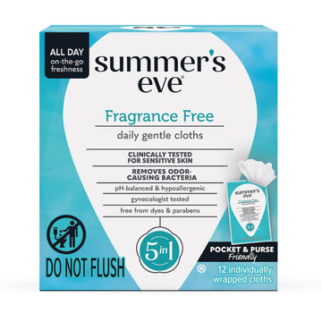 Summer'S Eve Fragrance Free Daily Refreshing Feminine Wipes, Removes Odor, Ph Balanced, 12 Count, 1 Pack