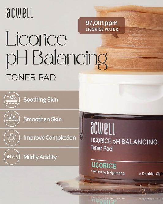 Acwell Licorice Ph Balancing Toner Pad - Vegan Cotton Pad, Double-Sided Toner Pads For Blemish And Soothing Care - Korean Daily Skincare - Improves Uneven Skin Tone, 70Pads