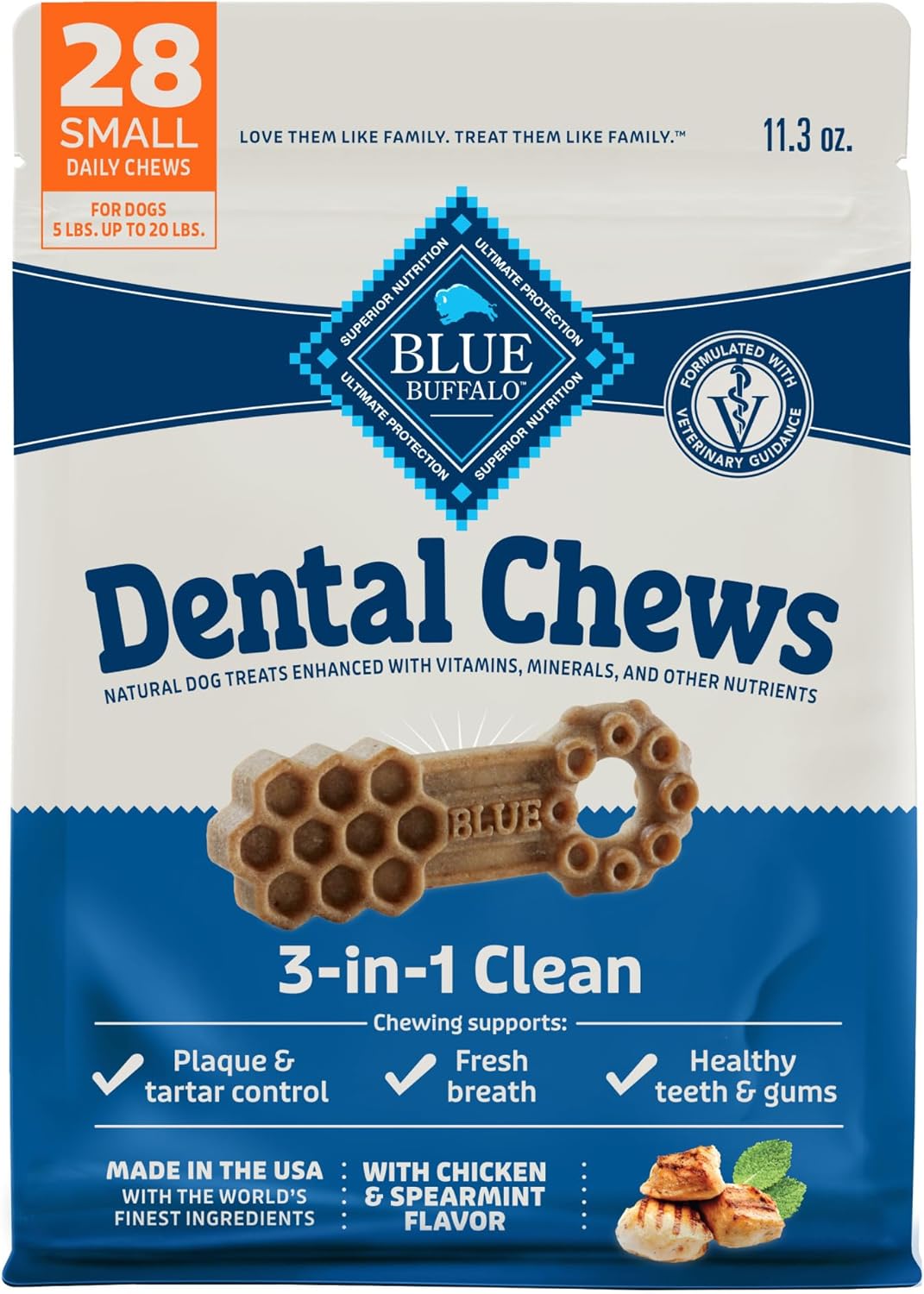 Blue Buffalo Dental Chews Small Natural Dog Treats, Chicken & Spearmint 11.3-Oz Bag (28 Count)