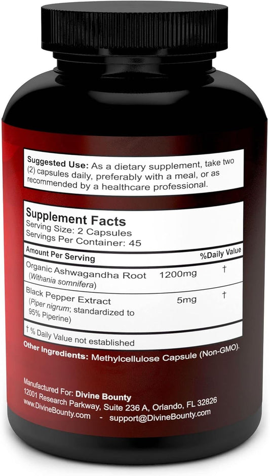 Divine Bounty Organic Ashwagandha Capsules - 1200mg Ashwagandha Powder with Black Pepper for Enhanced Absorption - Ashwaganda Supplement for Calmness & Mood Support - 90 Veggie Capsules