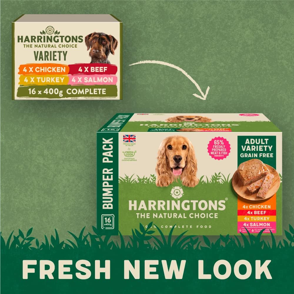 Harringtons Grain Free Hypoallergenic Wet Dog Food Variety Pack 16x400g - Chicken, Beef, Turkey & Salmon - All Natural Ingredients400 g (Pack of 16), Packaging may vary :Pet Supplies