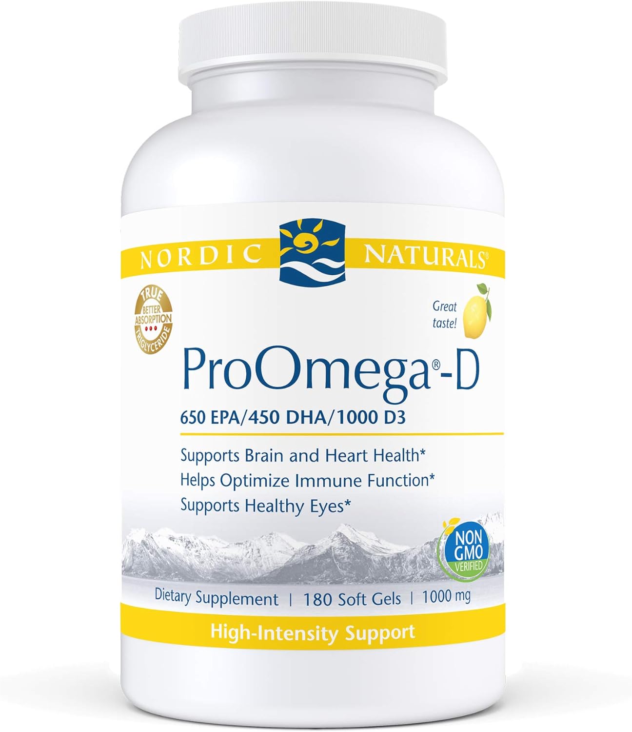 Nordic Naturals ProOmega-D, Lemon Flavor - 180 Soft Gels - 1280 mg Omega-3 + 1000 IU D3 - High-Potency Fish Oil - EPA & DHA - Brain, Eye, Heart, Joint, & Immune Health - Non-GMO - 90 Servings