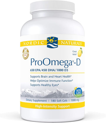 Nordic Naturals ProOmega-D, Lemon Flavor - 180 Soft Gels - 1280 mg Omega-3 + 1000 IU D3 - High-Potency Fish Oil - EPA & DHA - Brain, Eye, Heart, Joint, & Immune Health - Non-GMO - 90 Servings