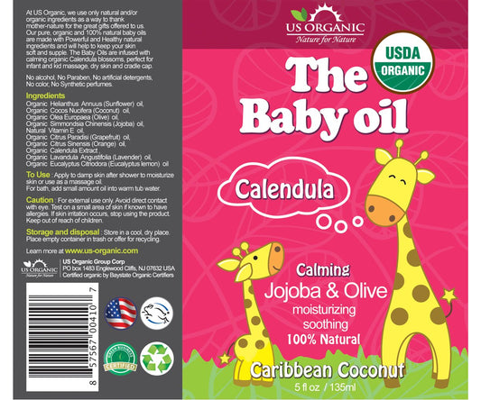 US Organic Baby Oil with Calendula, Smooth Caribbean Coconut, Certified Organic by USDA, Jojoba & Olive Oil with Vitamin E, No Alcohol, Paraben, Artificial Detergents, Color, Synthetic Perfume, 135ml