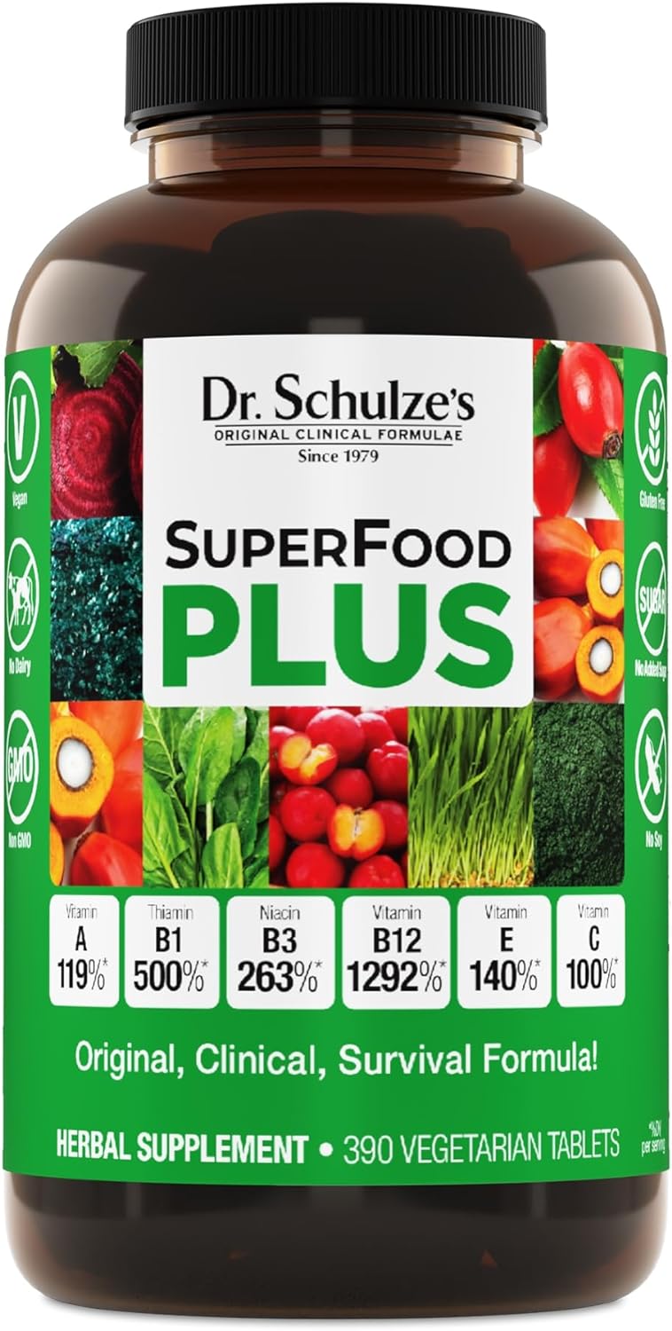 Dr. Schulze's SuperFood Plus | Vitamin & Mineral Herbal Concentrate | Daily Nutrition & Increased Energy | Gluten-Free & Non-GMO | Vegan | 390 Tabs | Packaging May Vary