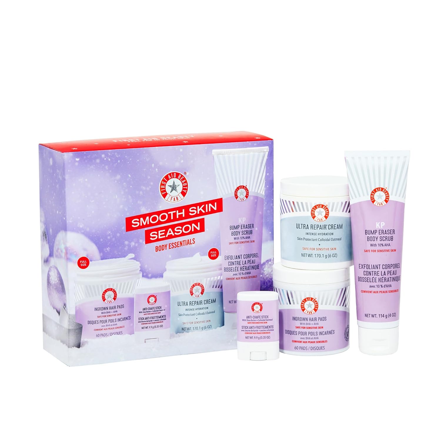 First Aid Beauty - Smooth Skin Season: Kp Bump Eraser Body Scrub, 4Oz, Ultra Repair Cream, 6Oz, Anti-Chafe Stick, 0.35Oz, Ingrown Hair Pads, 60 Pads, Deep Hydration & Exfoliating Body Essentials, 4Ct
