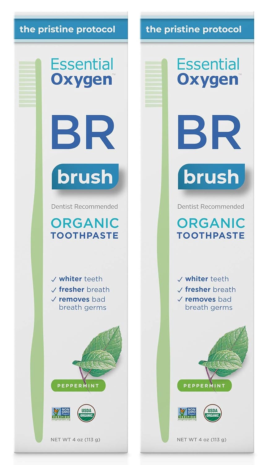 Essential Oxygen BR Certified Organic Toothpaste, for Whiter Teeth, Fresher Breath, Happier Gums, Tooth Sensitivity, Peppermint, 4 Ounce (Pack of 2)