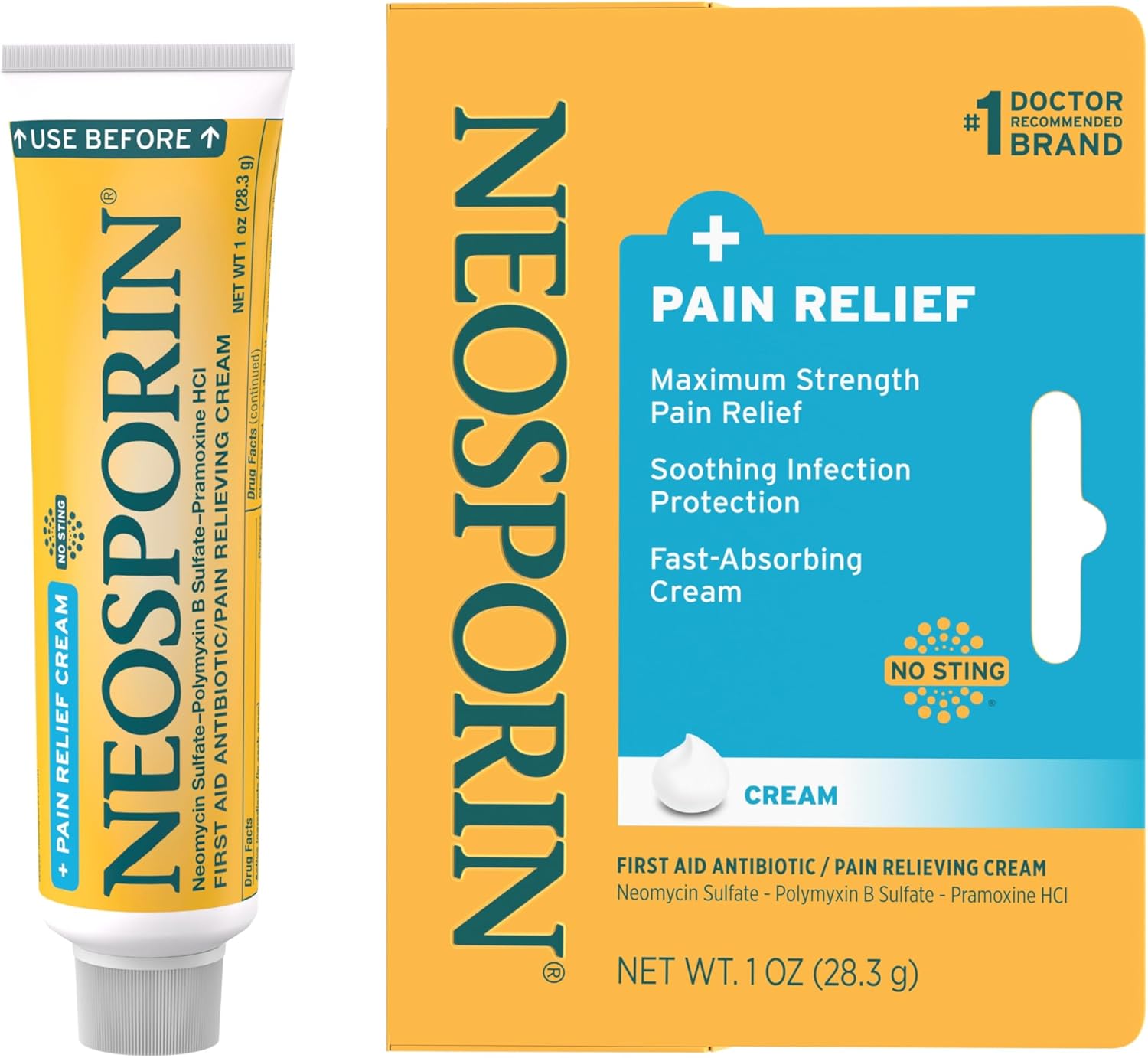 Neosporin + Maximum-Strength Pain Relief Dual Action Cream, First Aid Topical Antibiotic & Analgesic Cream For Wound Care Of Minor Cuts, Scrapes & Burns, Polymyxin B & Pramoxine Hcl, 1 Oz