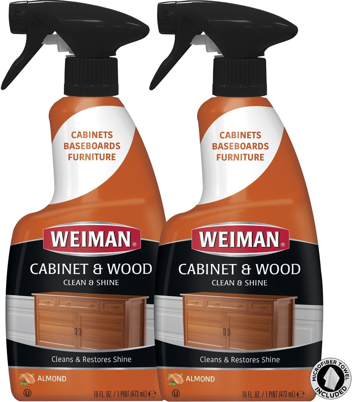 Weiman Cabinet & Wood Clean & Shine Clean and Protect Spray - For Wood Cabinets, Furniture, Tables, Baseboards, Trim and more! 16 oz, 2 PACK w/MicroFiber Towel