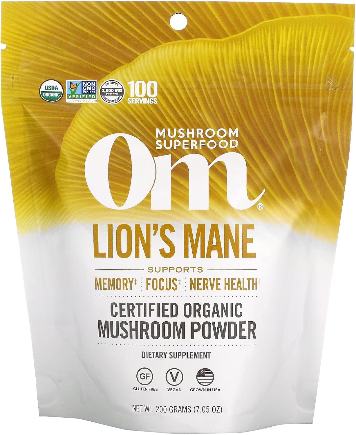 Certified Organic Mushroom Powder, Lion's Mane, 7.0 (200 g), Om Mushrooms