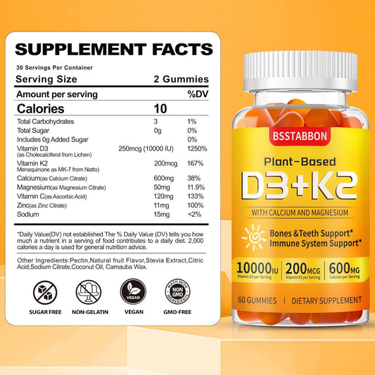 Vitamin D3 & K2 Vitamin D3, 250 Mcg - Vitamin K2, 200 Mcg With Calcium And Magnesium Immune System Support Supplements - Non-Gmo & Gluten-Free Supplements (60 Count)