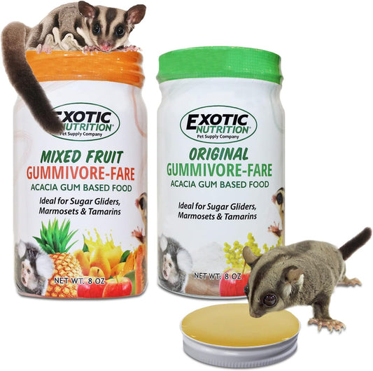 Gummivore-Fare Combo (Original + Fruit) - Healthy All Natural Native Food Treat Sugar Gliders, Marmosets, Tamarins, And Other Gum-Feeding Mammals - 8 Oz. Jar - Acacia Gum-Based Supplement