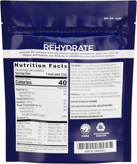 Advocare Rehydrate Electrolyte Drink Mix - Hydration & Recovery Drink With Sodium, Potassium & More - Grape, 14 Stick Packs