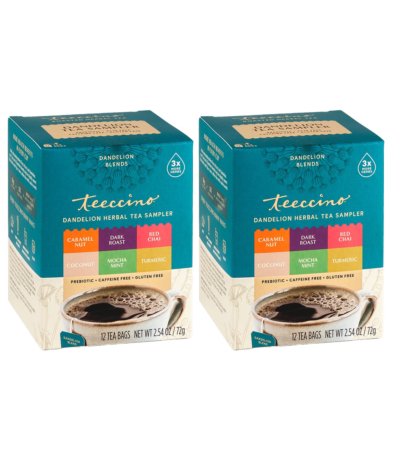 Teeccino Dandelion Tea Sampler - Caramel, Coconut, Dark Roast, Mocha Mint, Red Chai, Turmeric - Prebiotic Coffee Substitute | Caffeine Free | Gluten Free | Coffee Alternative, 12 Tea Bags (Pack Of 2)