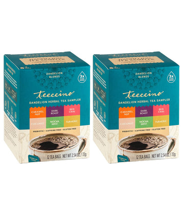 Teeccino Dandelion Tea Sampler - Caramel, Coconut, Dark Roast, Mocha Mint, Red Chai, Turmeric - Prebiotic Coffee Substitute | Caffeine Free | Gluten Free | Coffee Alternative, 12 Tea Bags (Pack Of 2)